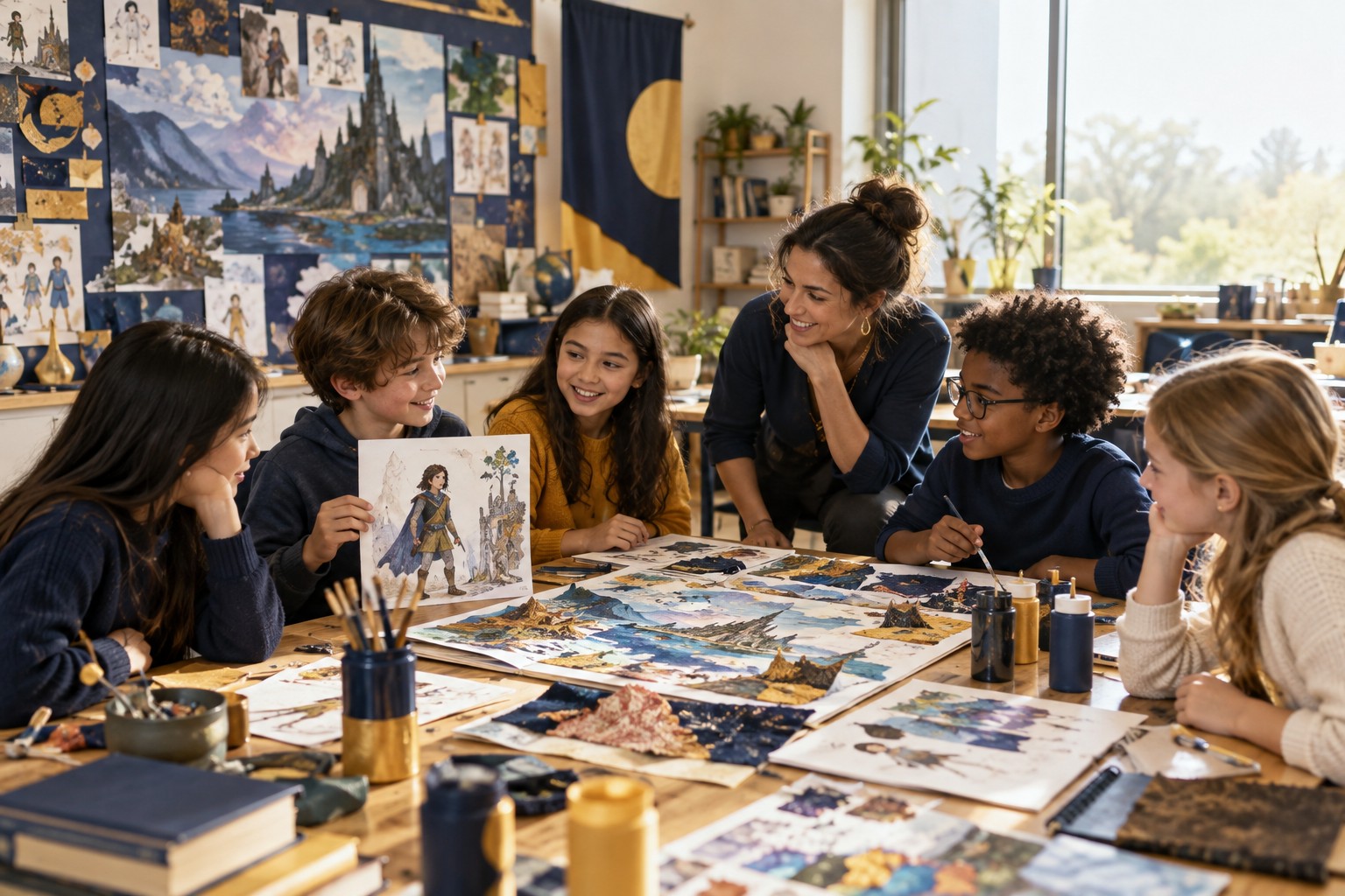 Illustrative scene of learners creating characters and visual story worlds
